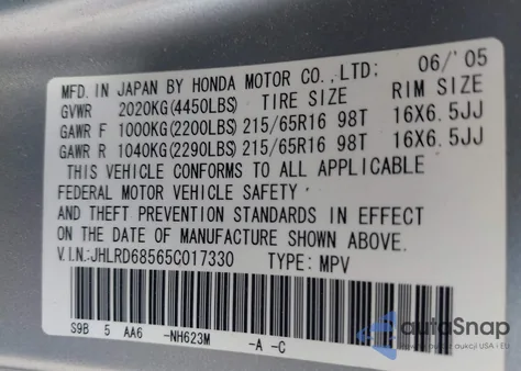 2005 Honda Cr-V Lx from USA, damaged, VIN JHLRD68565C017330